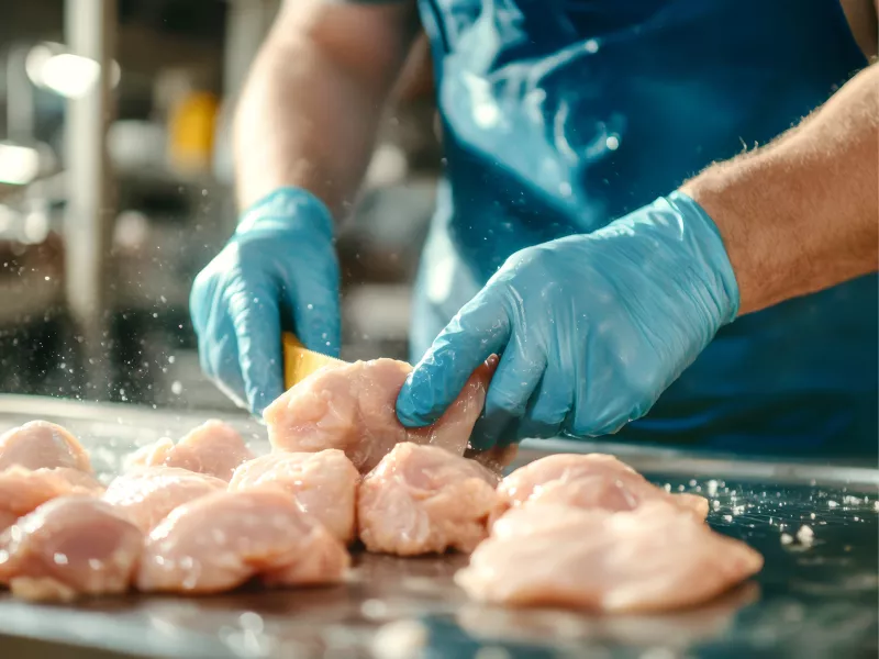 Cutting chicken breasts with FDA-approved rubberen apron